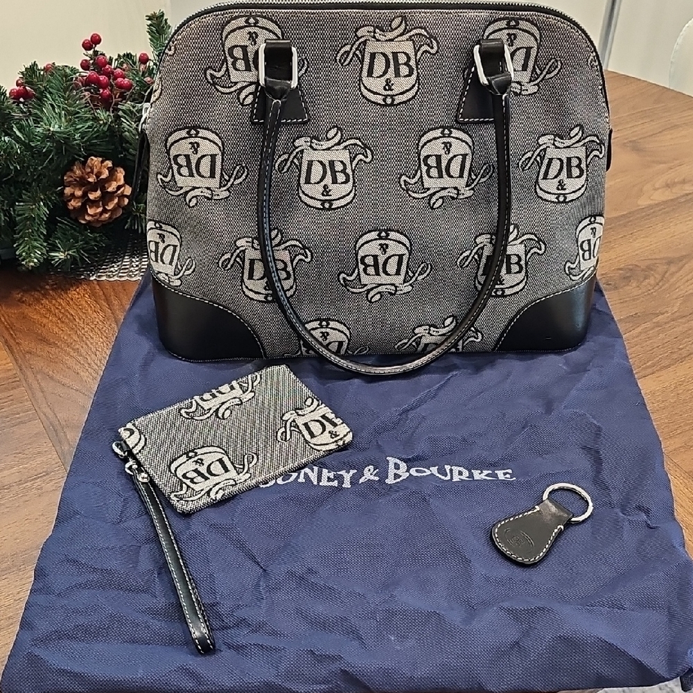 Vintage Dooney & Bourke Black and Gray Domed Satchel Iconic Logo Handbag Set